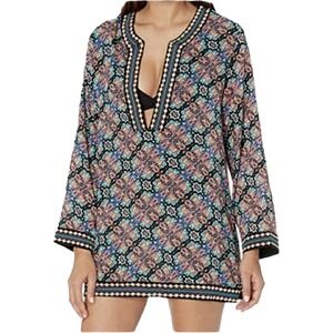 Black Jewel Tones embroidered swim poolside beach coverup womens L short dress